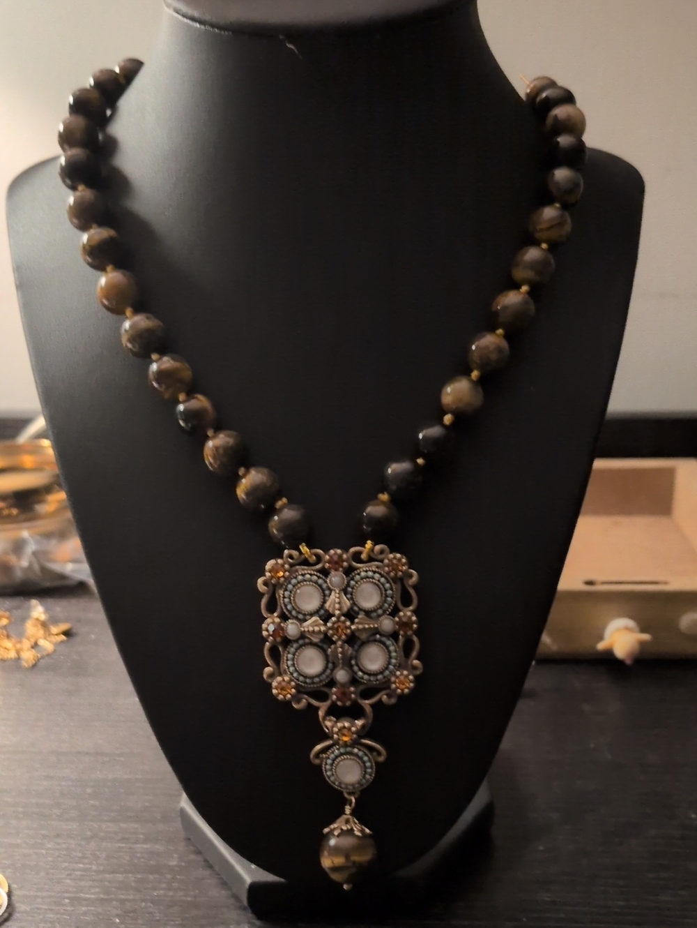Brown Beaded Pendant Necklace - Women's Statement Jewelry